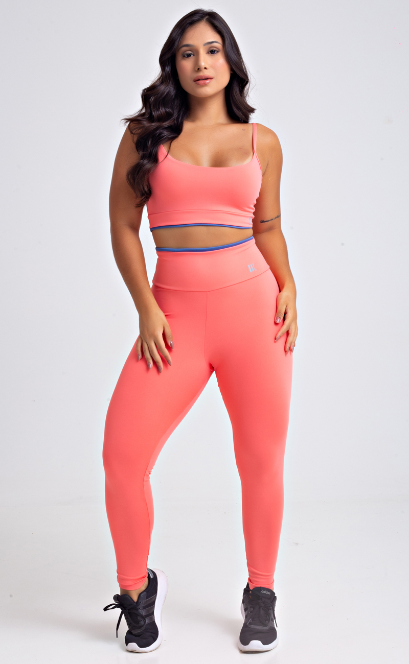 Conjunto Fitness Top e Calça Legging Rosa Claro Detalhe Azul