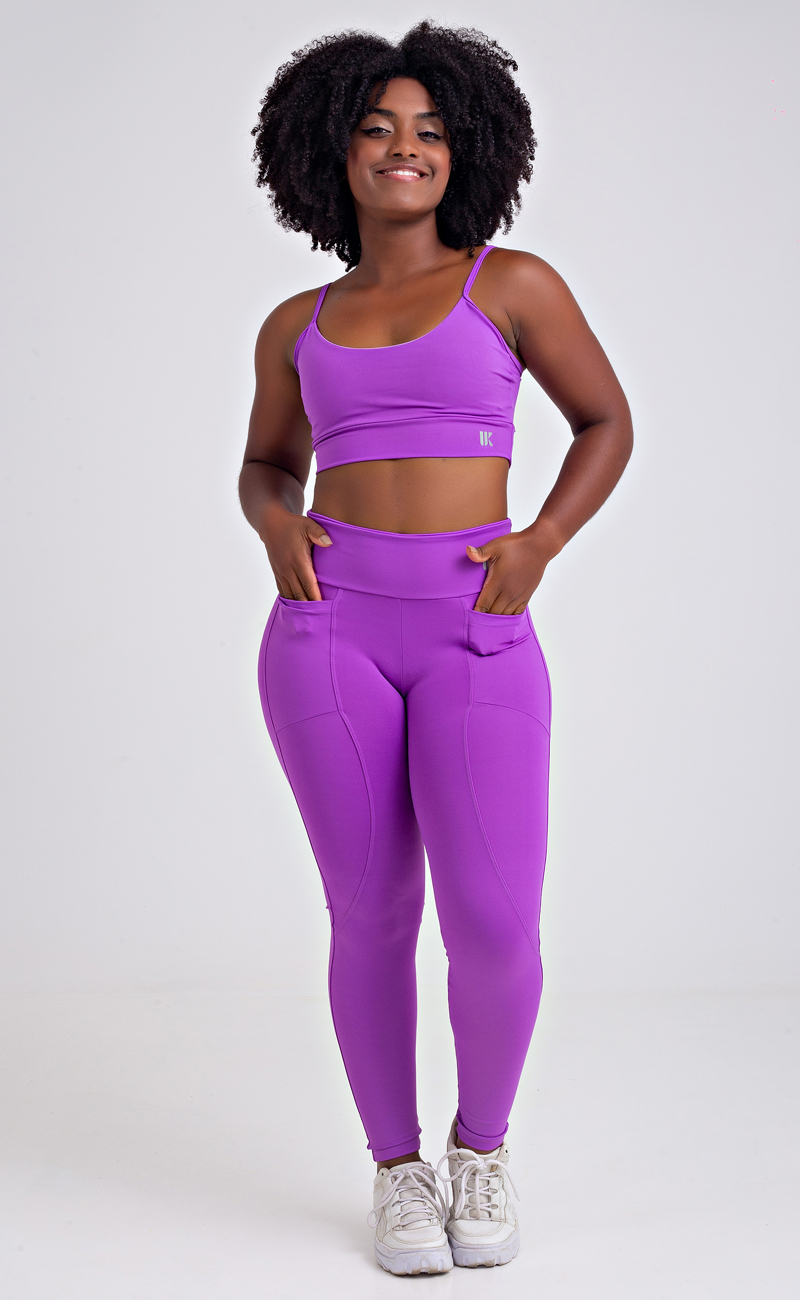 Conjunto Fitness Top de Alcinha Liso e Calça Legging com Bolso e Viés Roxo