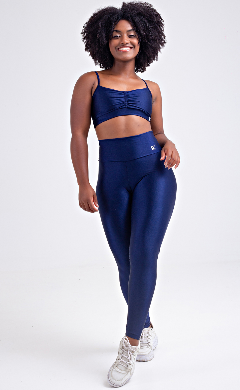 Conjunto Fitness Top Busto Drapeado e Calça Legging Cós Alto Azul Marinho Acetinado