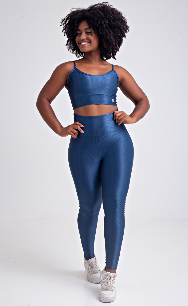 Conjunto Fitness Top Alcinha e Calça Legging com viés Azul Marinho Acetinado