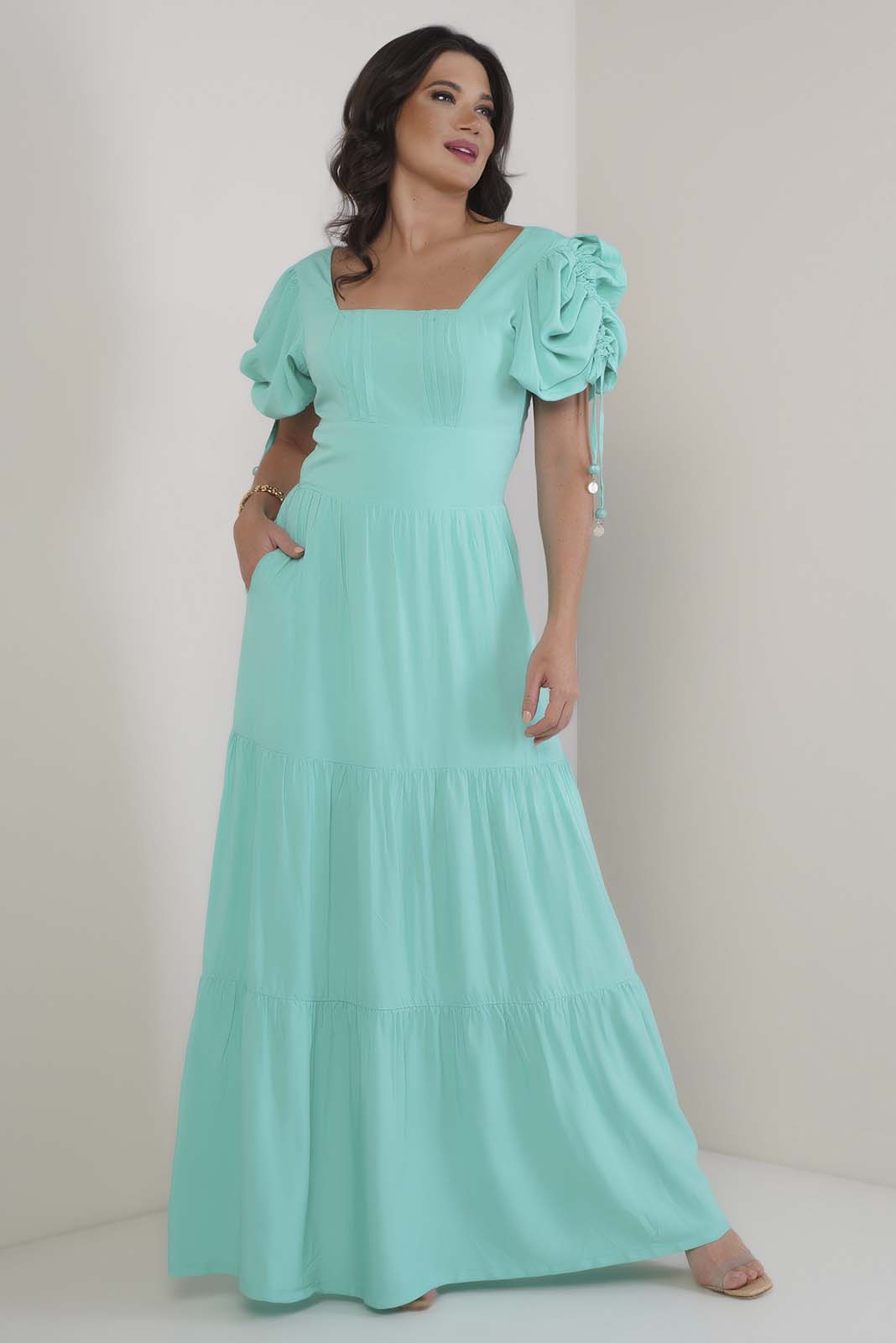 Vestido Longo de Mangas Bulfantes Verde Agua