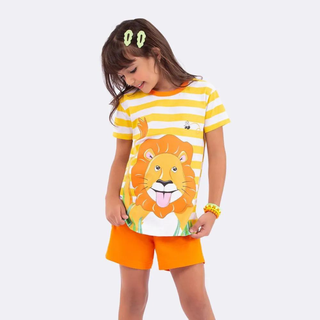 SHORTDOLL FEMININO INFANTIL VEGGI MANGA CURTA LISTRAS AMARELO SELVA