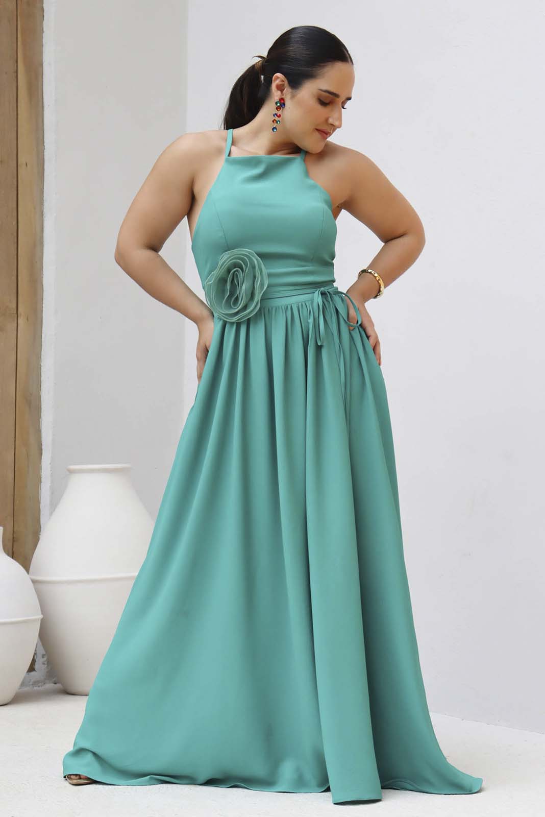 Vestido Longo Fluido Flor 3D Verde 