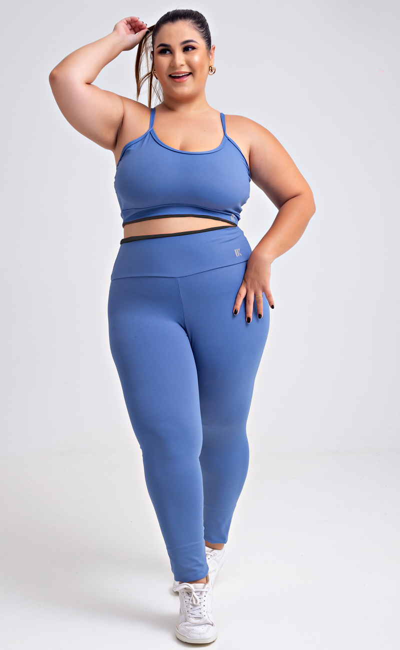 Conjunto Fitness Top e Calça Legging Azul Claro Detalhe Preto