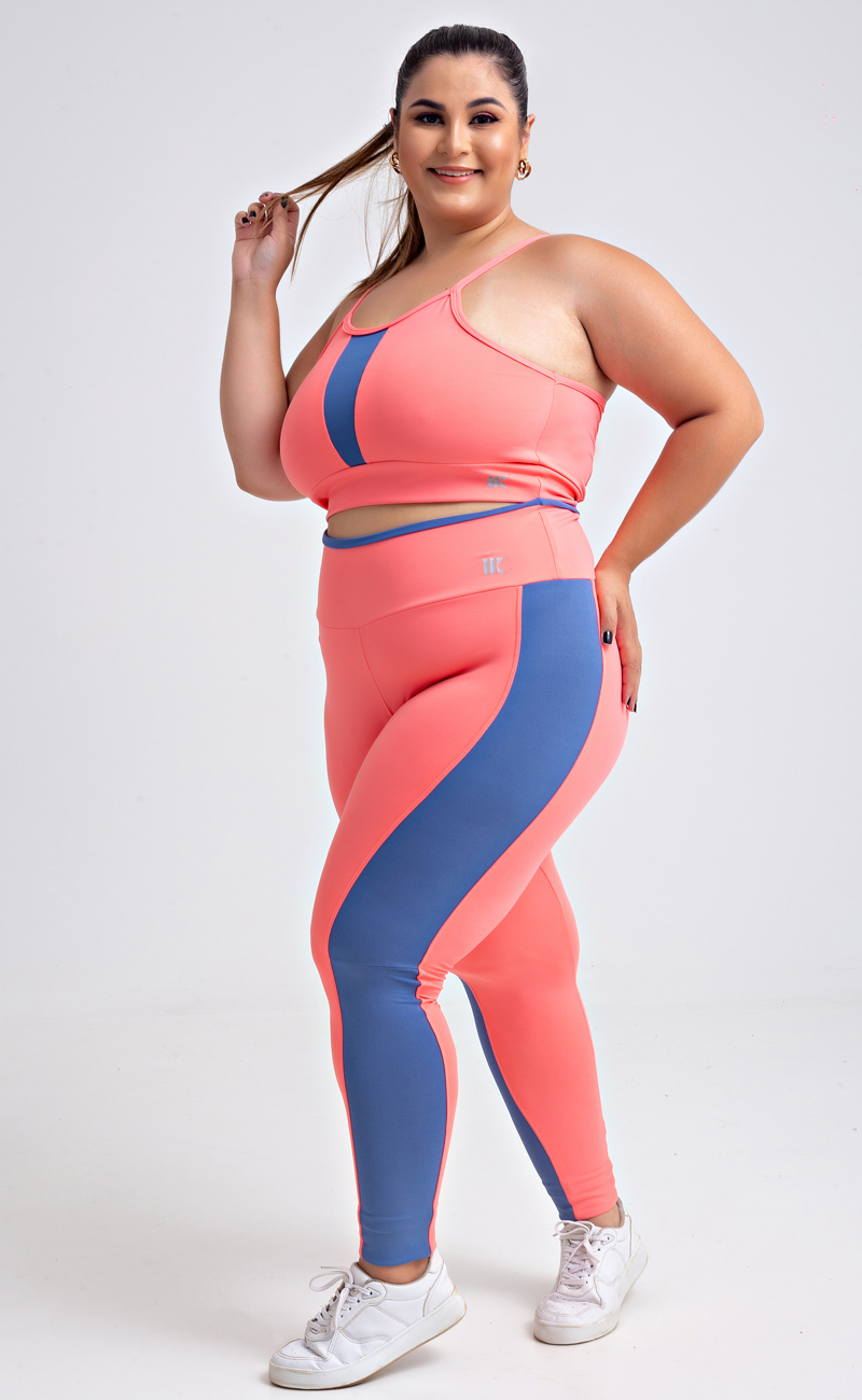 Conjunto Fitness Top Nadador e Legging Listra Lateral Rosa Claro Plus Size