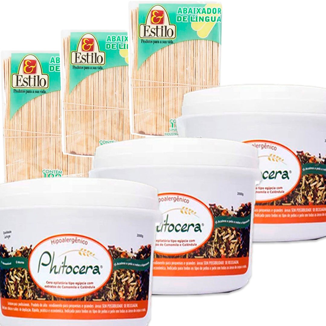 Kit Depilação Profissional Cera Phitocera + Palitos em Madeira Estilo