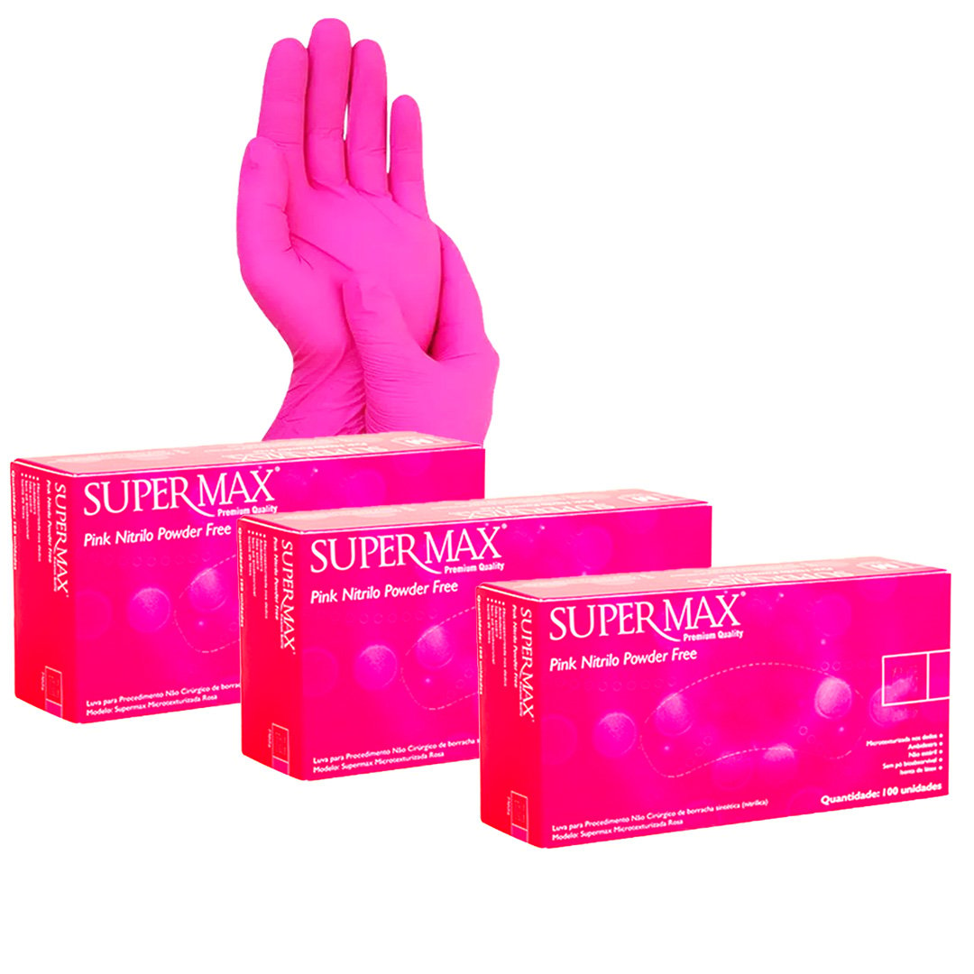 Luva Nitrilica Rosa Pink 300 uniades sem Pó Supermax TAMANHO P