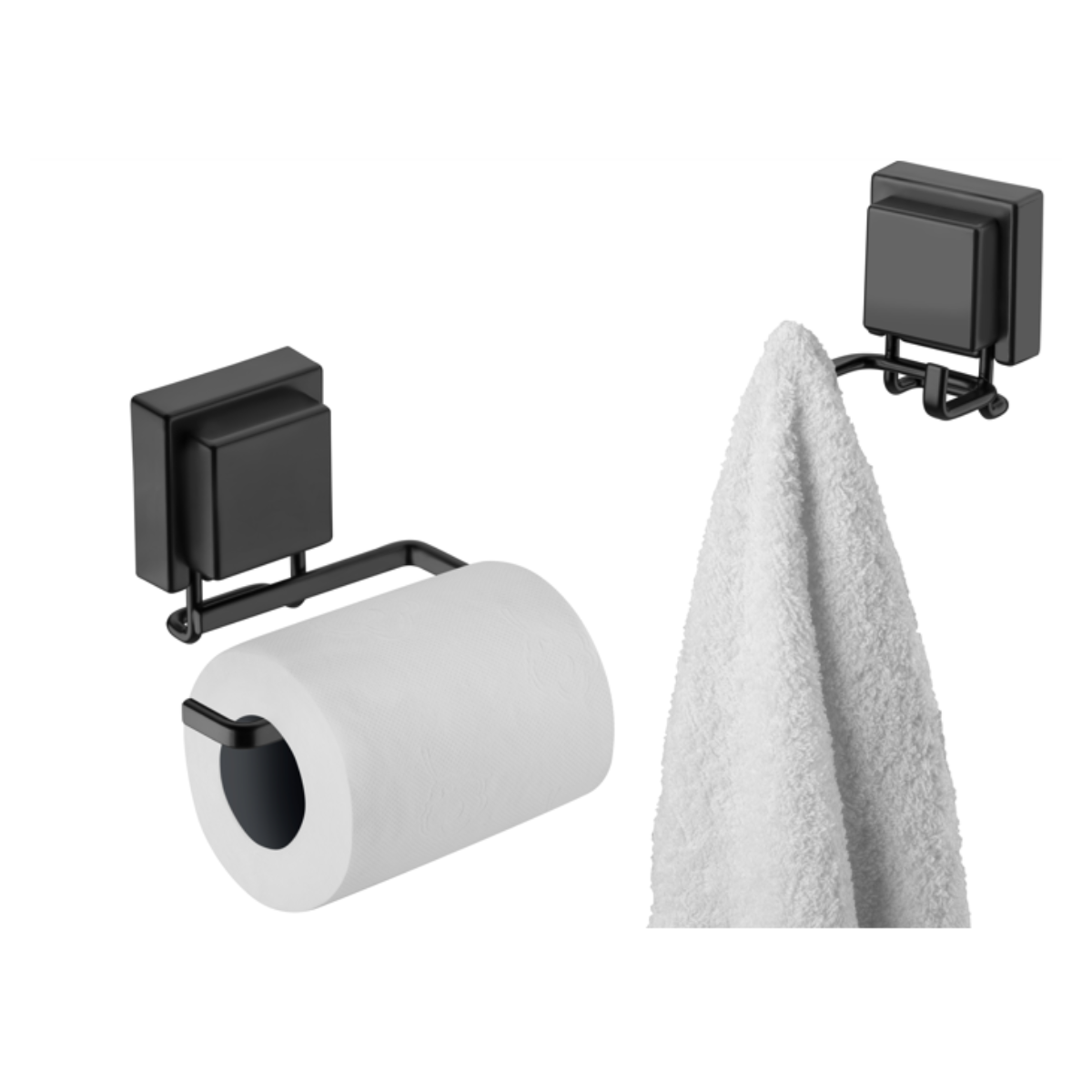 kit lavabo banheiro preto fosco ventosa 02 peças Future porta papel higiênico e gancho duplo