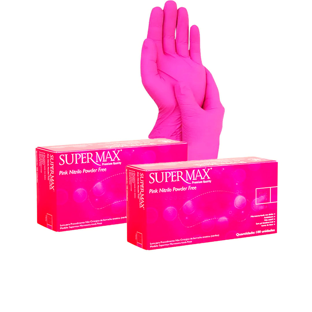 Luva Nitrilica Rosa Pink 200 uniades s/ Pó Supermax Tamanho P