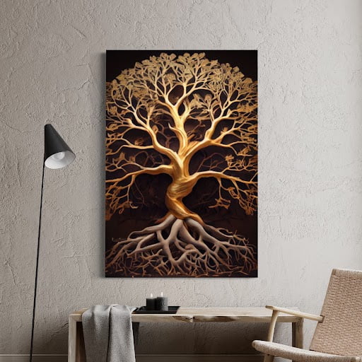 Quadro Decorativo Galeria Árvore Dourada Da Vida Com Raízes 