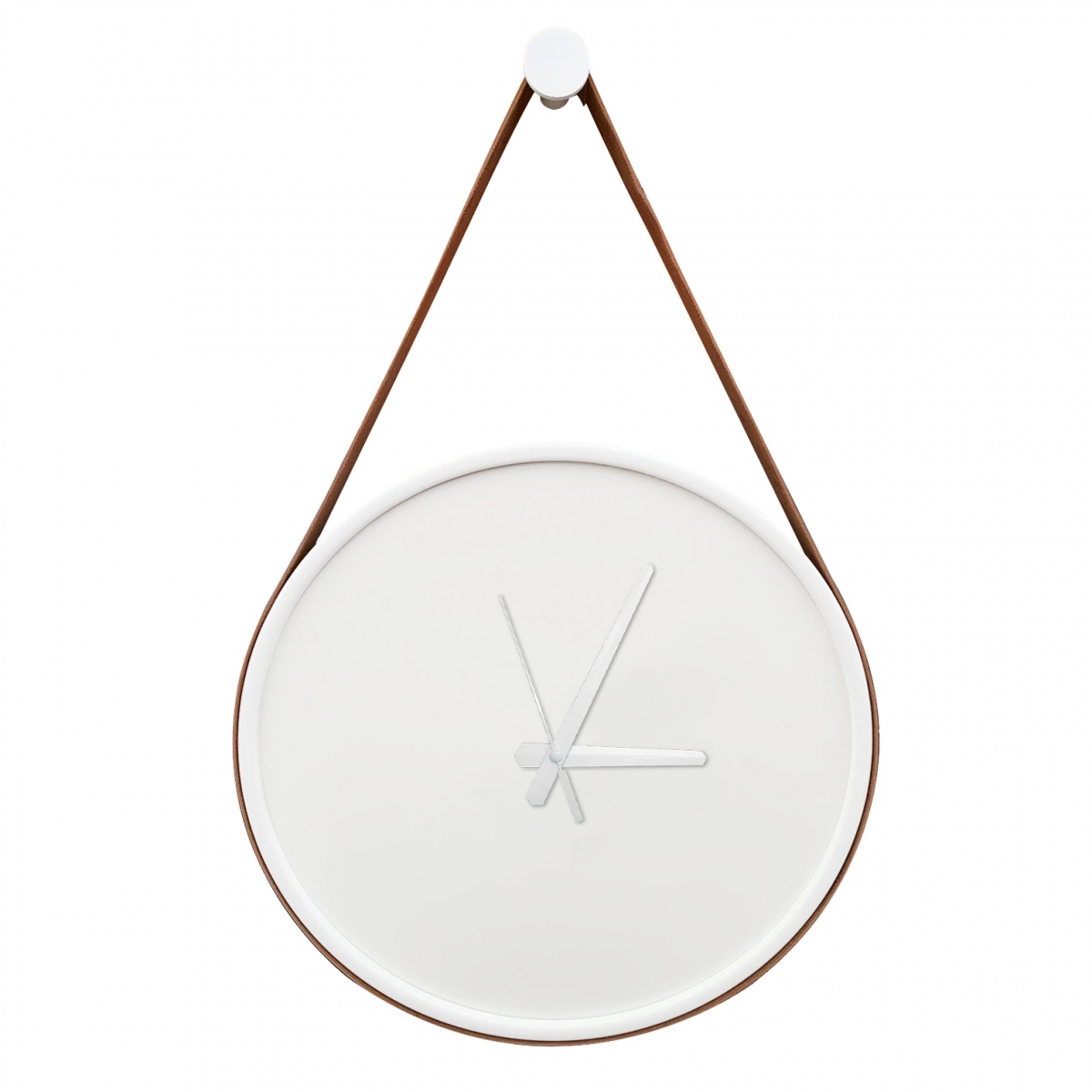 Relógio Decorativo Adnet Branco Alça Corino Caramelo Mostrador Branco Ponteiro Branco 40cm Redondo