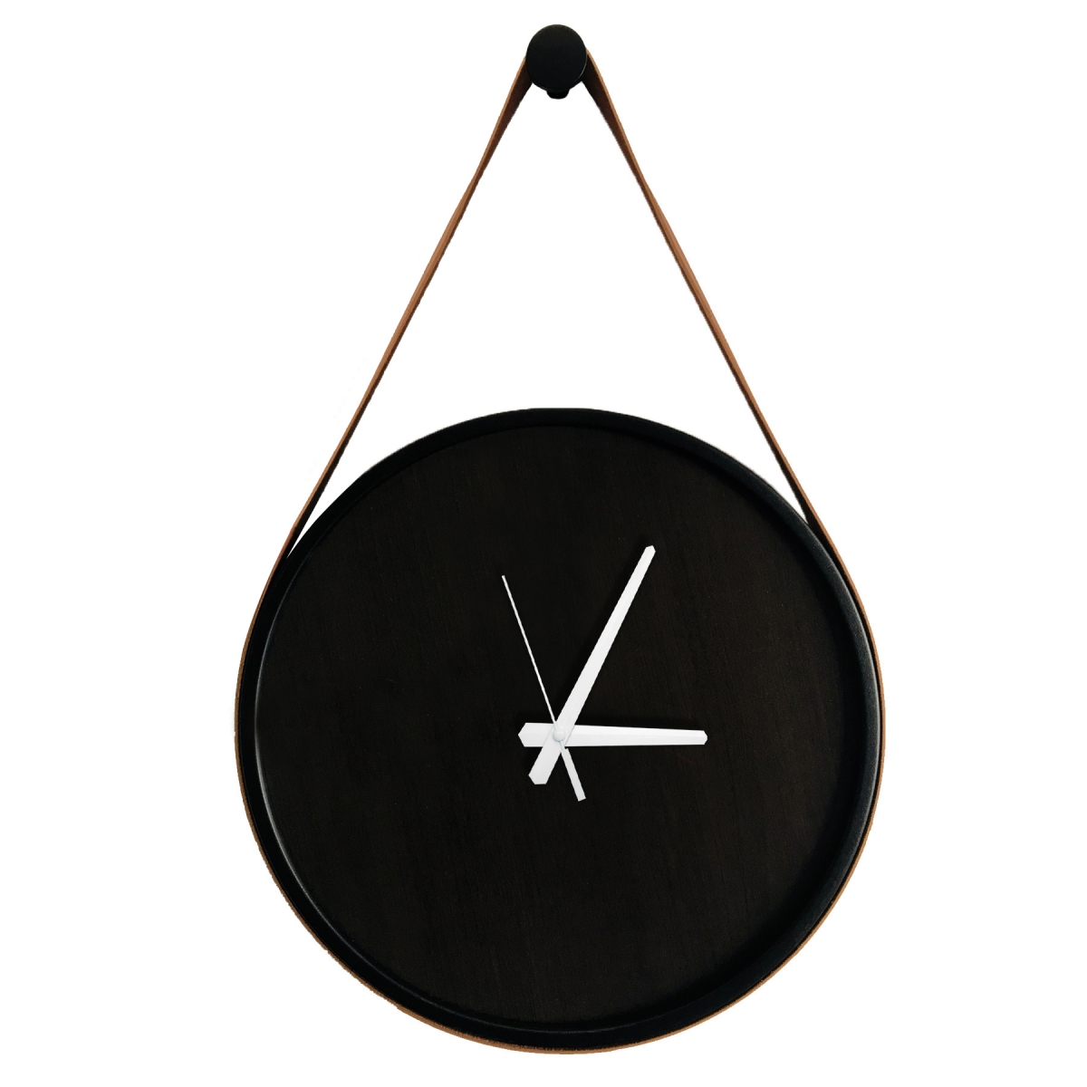 Relógio Decorativo Adnet Preto Alça Corino Caramelo Mostrador Preto Ponteiro Branco 40cm Redondo