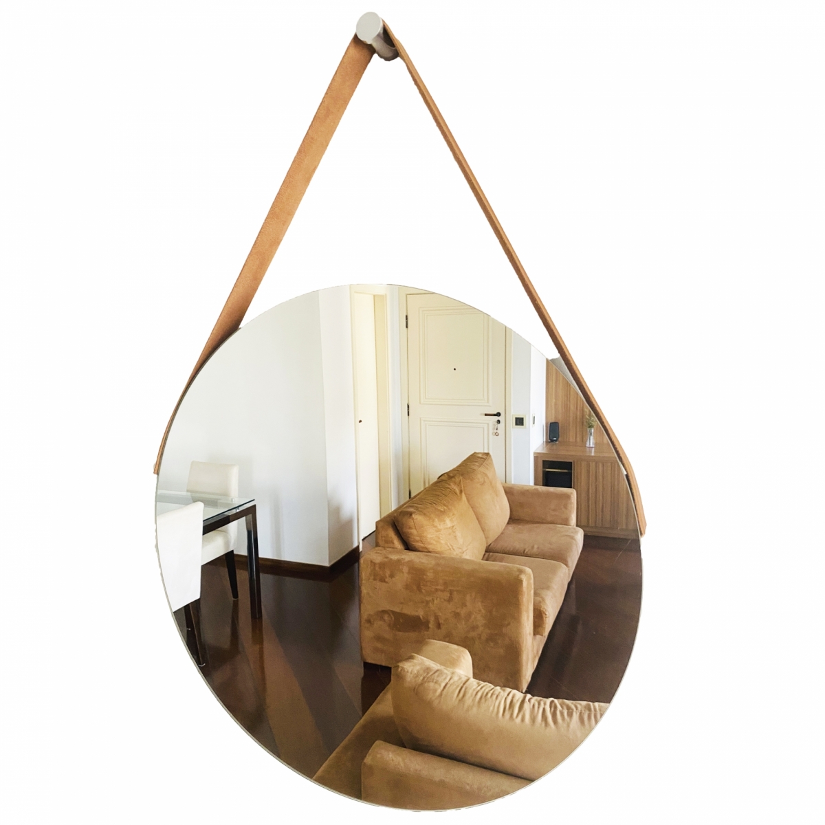 Espelho Decorativo Vintage Alça Corino 40cm Redondo