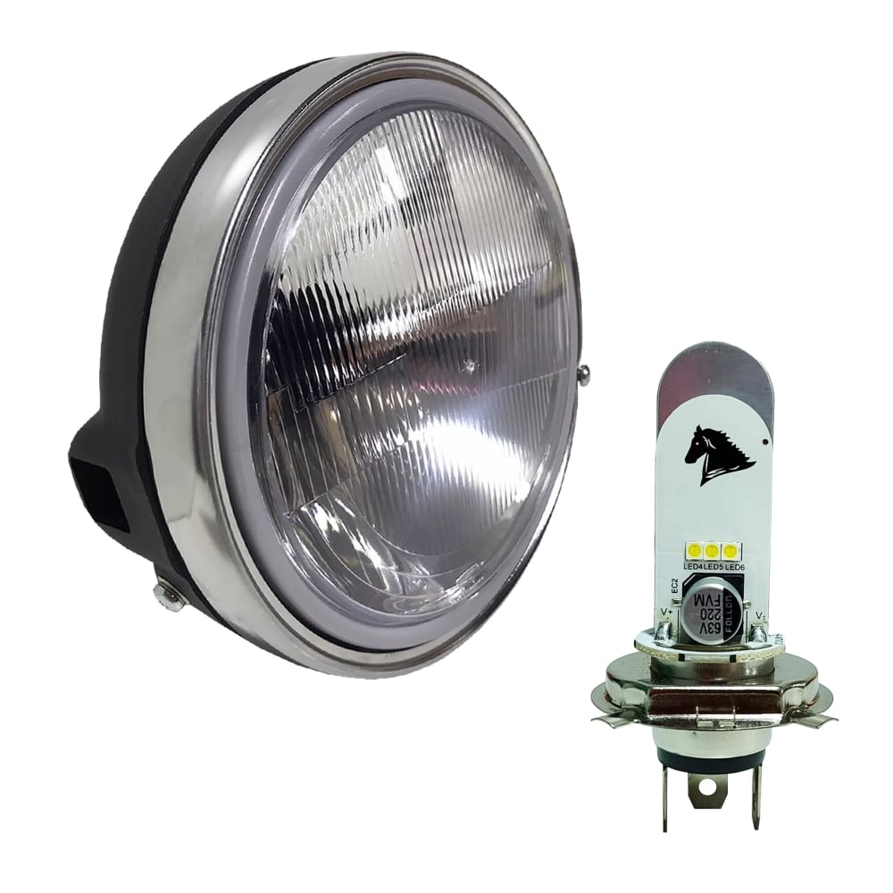 Farol Completo Aro Cromado + Lampada Led Cavalinho Yamaha Ybr 125 2000 Até 2004