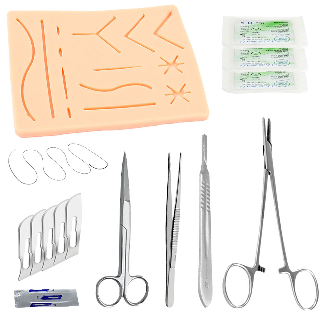 Kit Sutura e Dissecção Avançado Porta Agulha , Bisturi , Tesoura , Pinça , Fio de Nylon , Lamina de Bisturi 