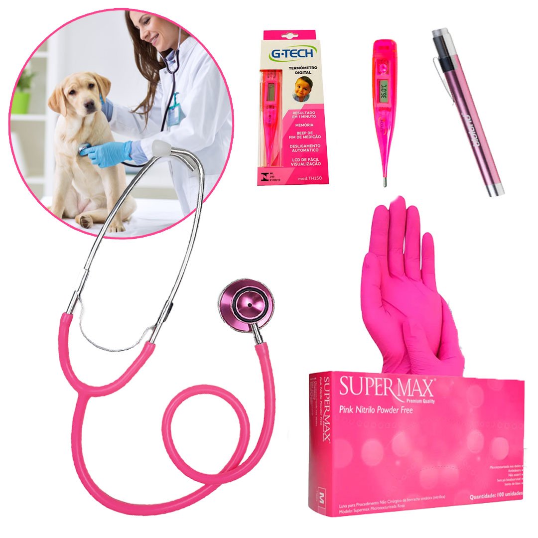 Kit Veterinario Basico Rosa Luva Nitrilica , Lanterna LED , Estetoscopio e Termometro