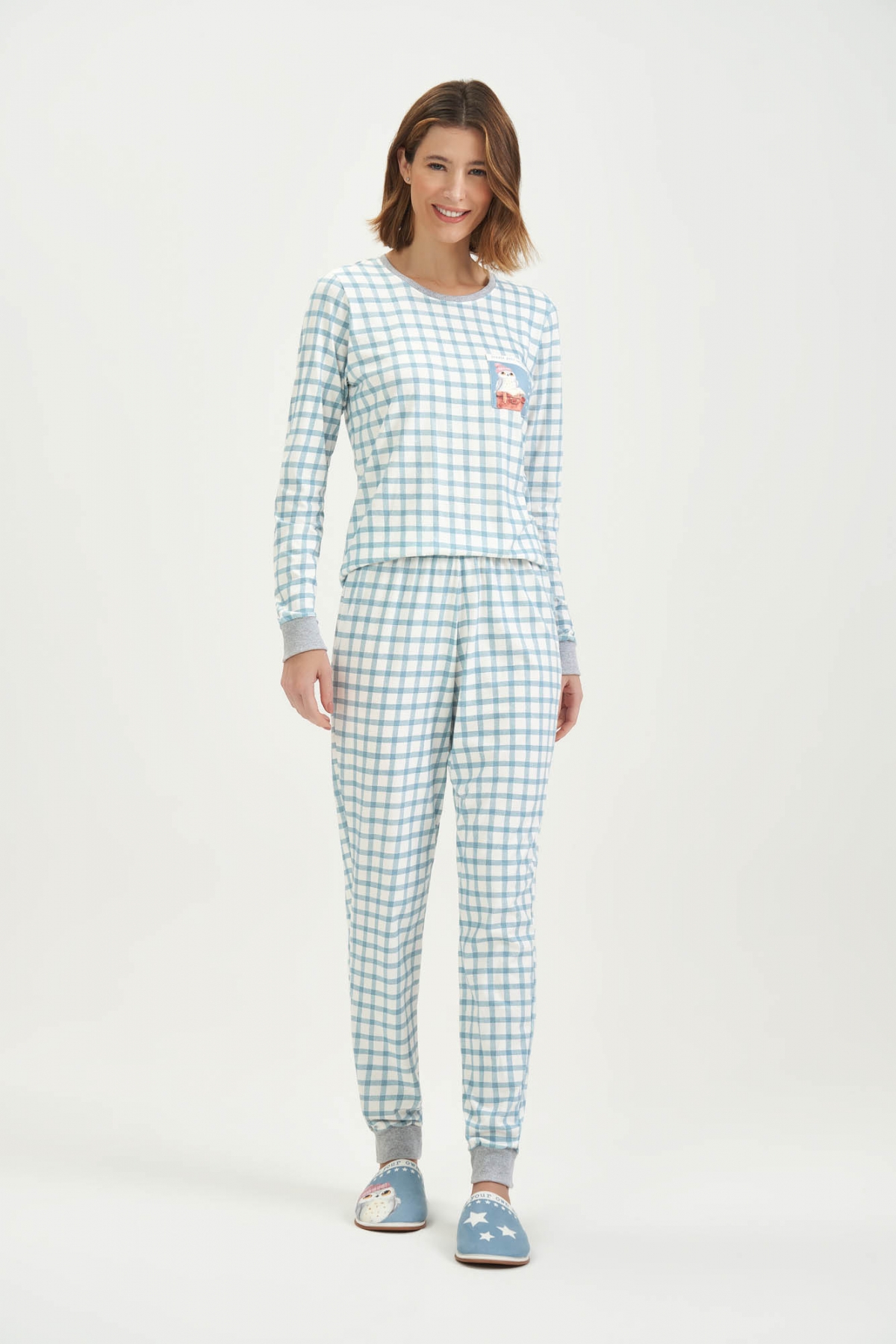 PIJAMA FEMININO LONGO XADREZ AZUL CORUJA