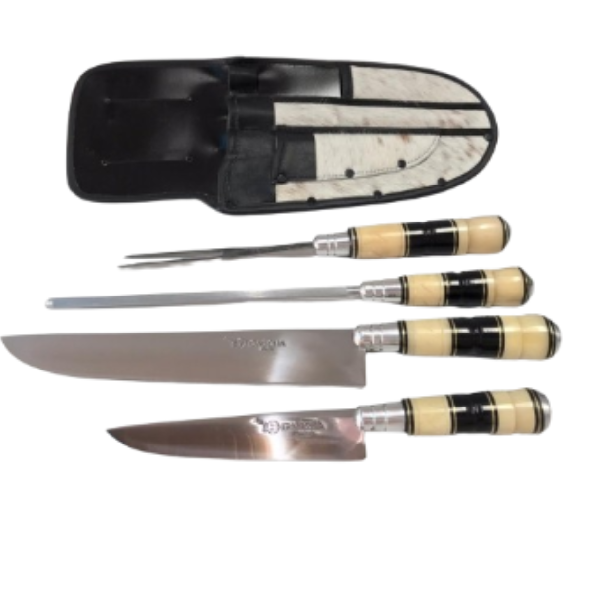 Kit Estojo com faca 6" e faca 10", chaira e garfo para churrasco em aço inox e cabo de osso e chifre 50Q