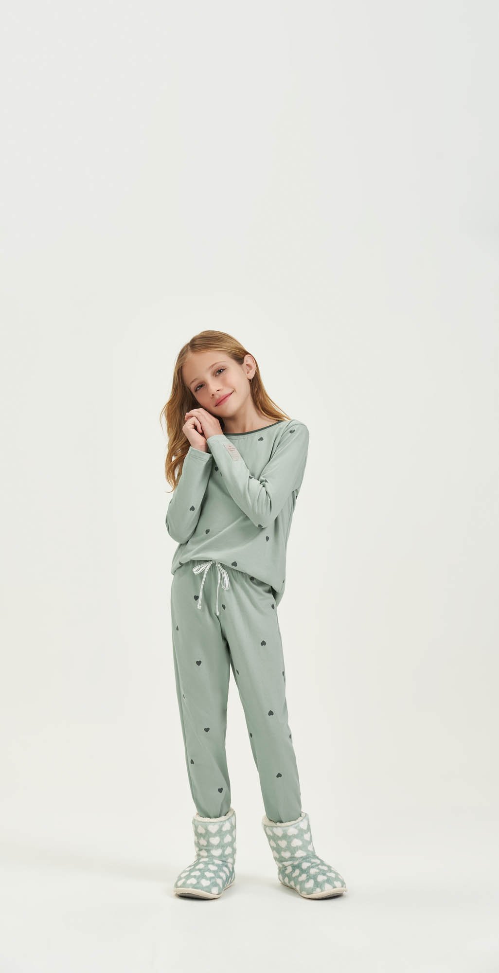 PIJAMA FEMININO INFANTIL LONGO CORACAO VERDE COR COM AMOR