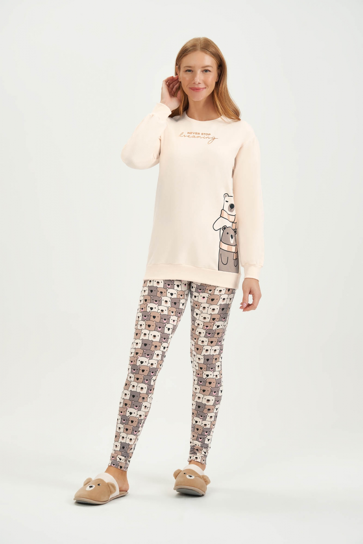 PIJAMA FEMININO ADULTO MOLETINHO LEG URSO COR COM AMOR