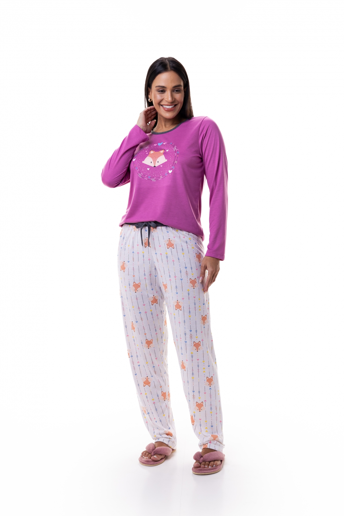 PIJAMA FEMININO ADULTO LONGO RAPOSA ROSA BOCEJINHO