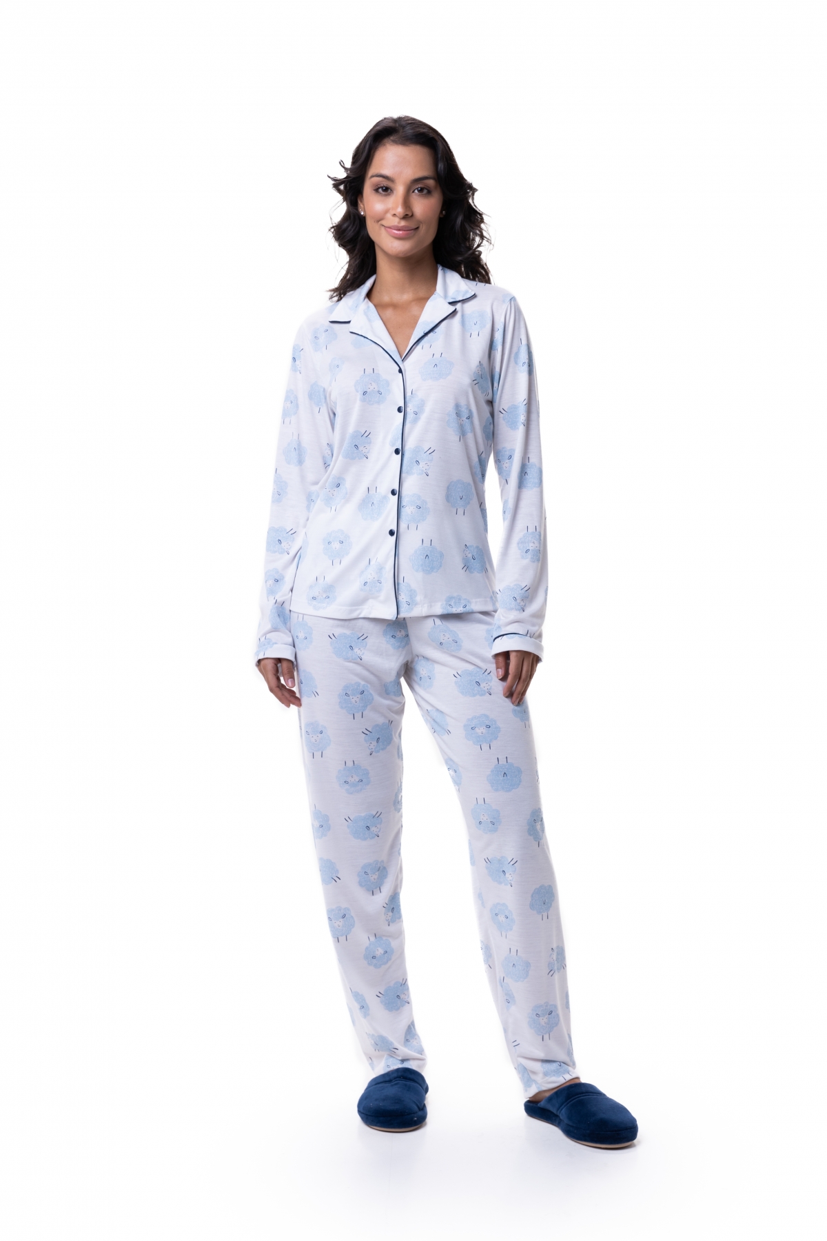 PIJAMA FEMININO ADULTO LONGO COM BOTÕES OVELHA BOCEJINHO
