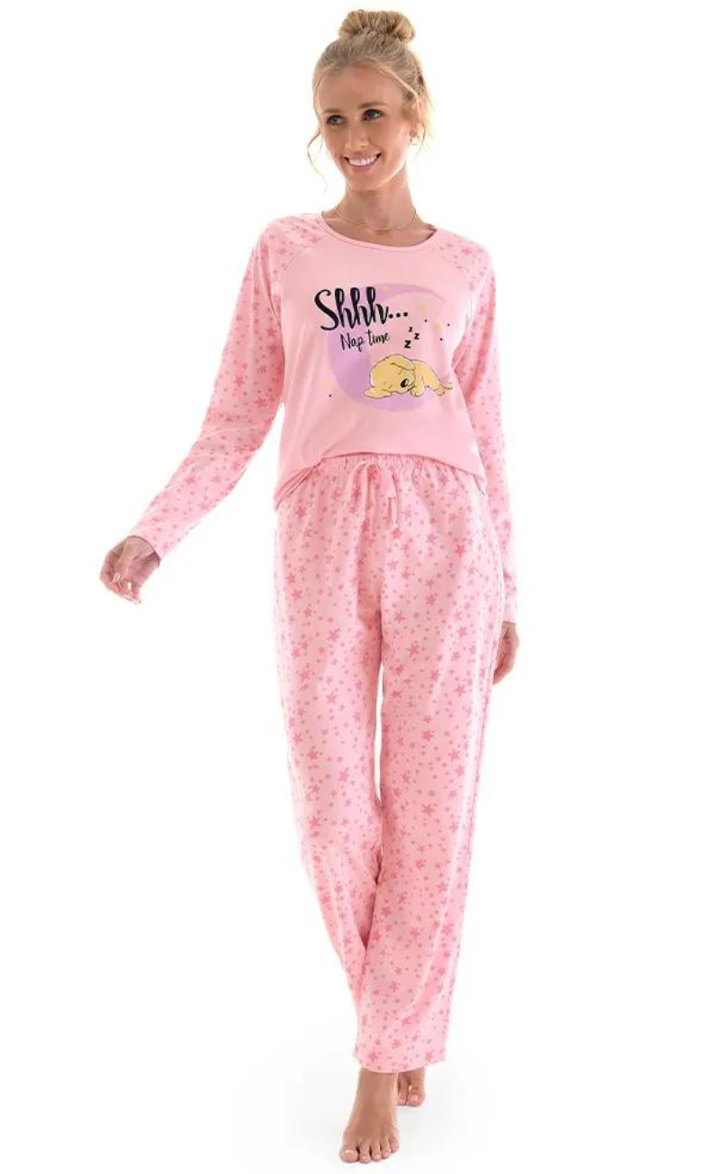 Pijama Manga Longa e Calça Estampada Nap Time Rosa Claro