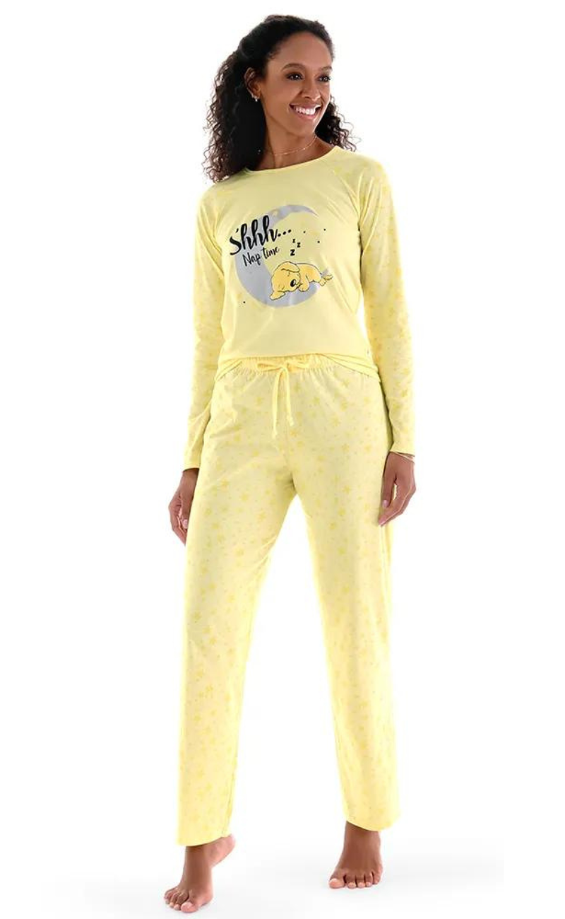 Pijama Manga Longa e Calça Estampada Nap Time Amarelo