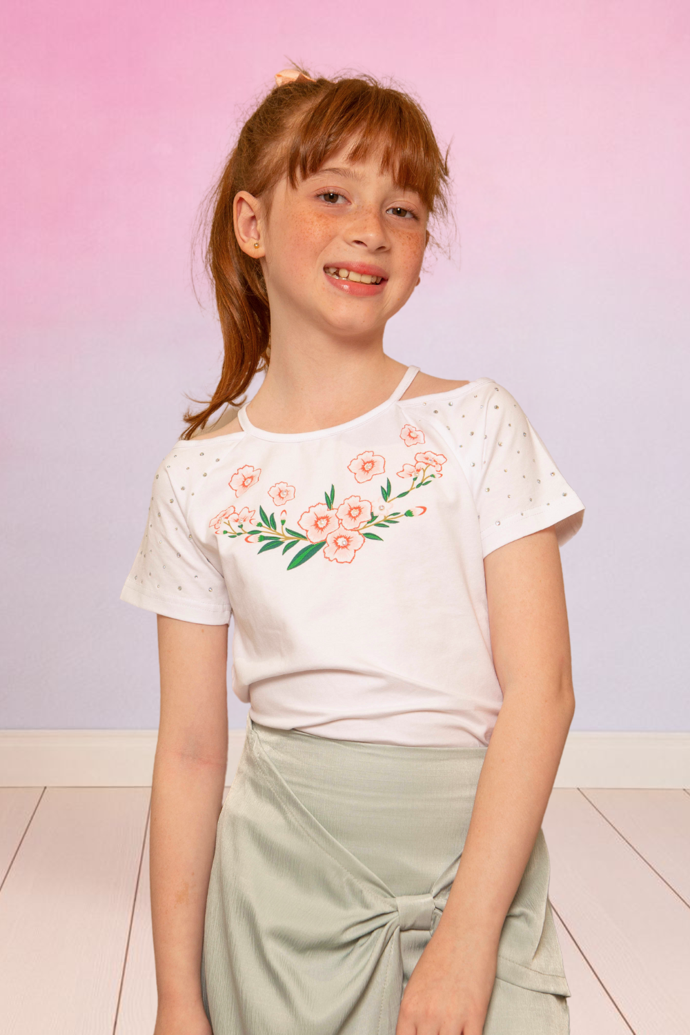 Blusa Infantil Flores Ombro Vazado Menina Verão