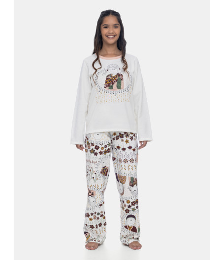 PIJAMA FEMININO SONHART MANGA LONGA E CALÇA MOLETINHO BEGE