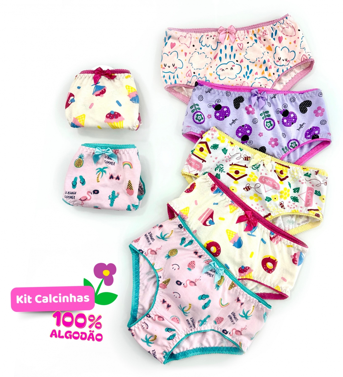 Kit com 5 - Calcinhas Estampadas 100% Algodão