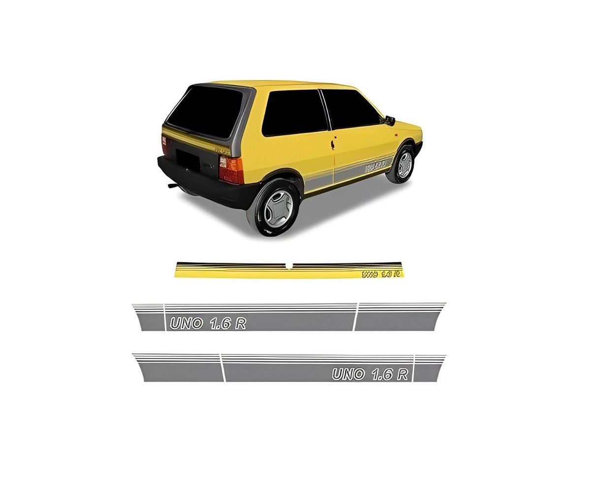 EMBLEMA FAIXA LATERAL FIAT UNO 1990 ATÉ 1993 1.6R AMARELA