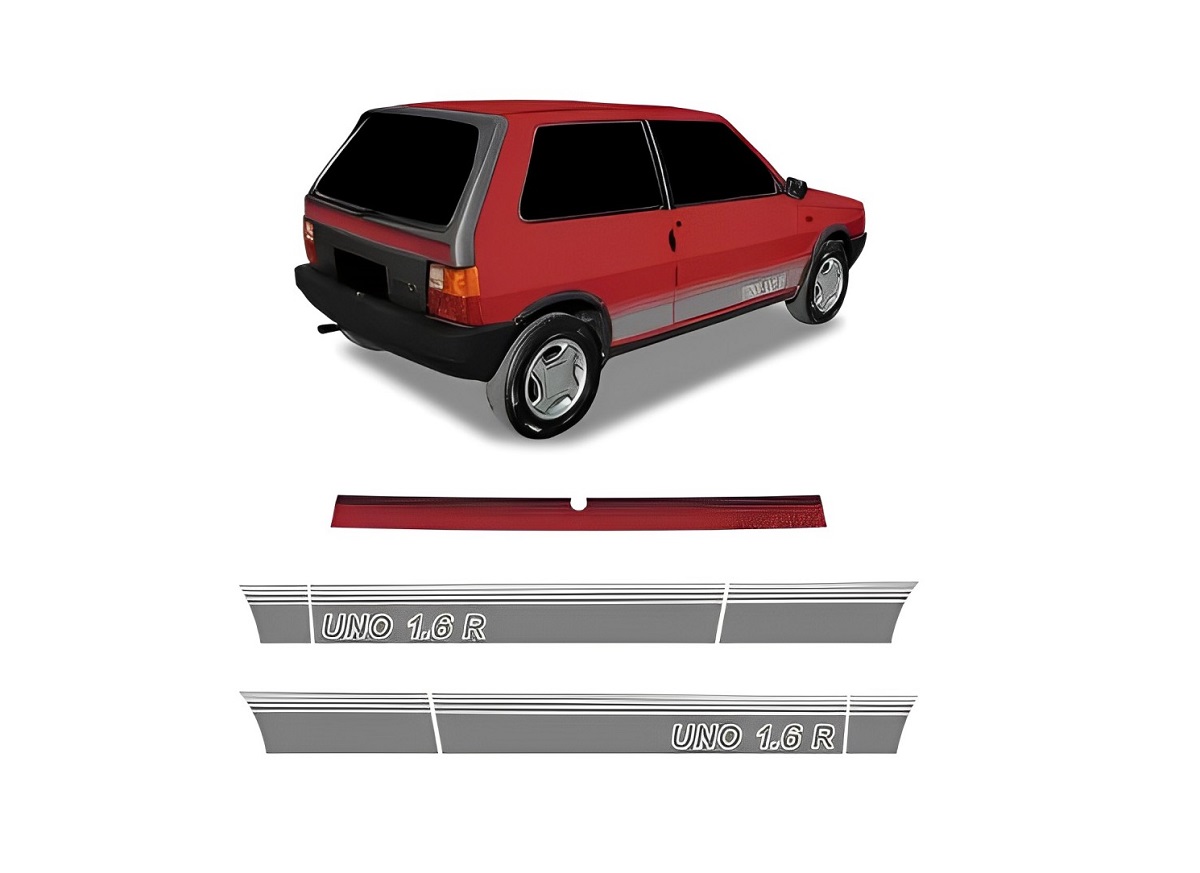 EMBLEMA FAIXA LATERAL FIAT UNO 1990 A 1993 1.6R VERMELHA