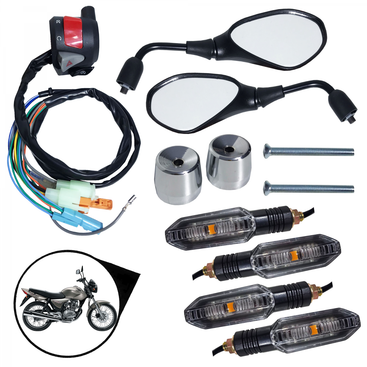 Kit 4 Pisca + Par Retrovisor + Punho Partida + Par Peso Guidão Titan Fan Start 