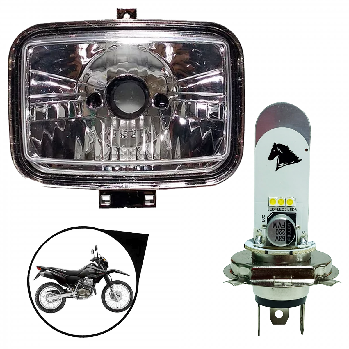 Bloco Optico + Led Farol Cavalinho Xr 250 Tornado 2001 Até 2008 Nxr 150 Bros 2003 Até 2007
