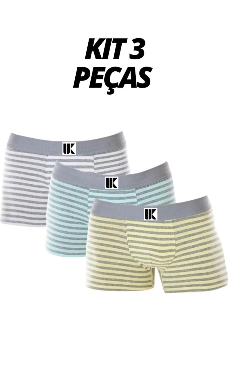 Kit 3 Cuecas Boxer Listras Algodão