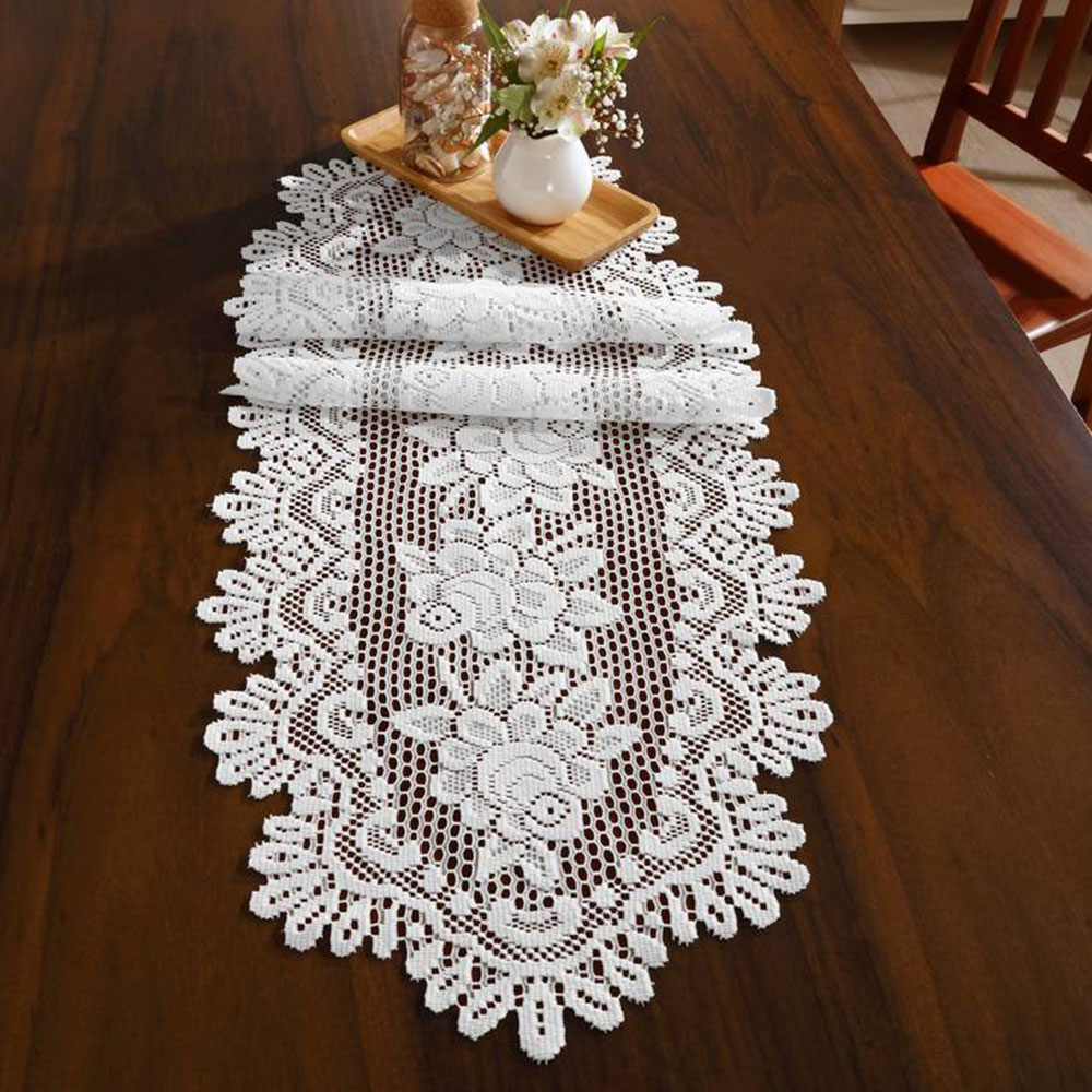 Trilho Oval para Mesa Interlar Renda 100% Poliéster Rose Gardênia 40cmx1,25m Branco