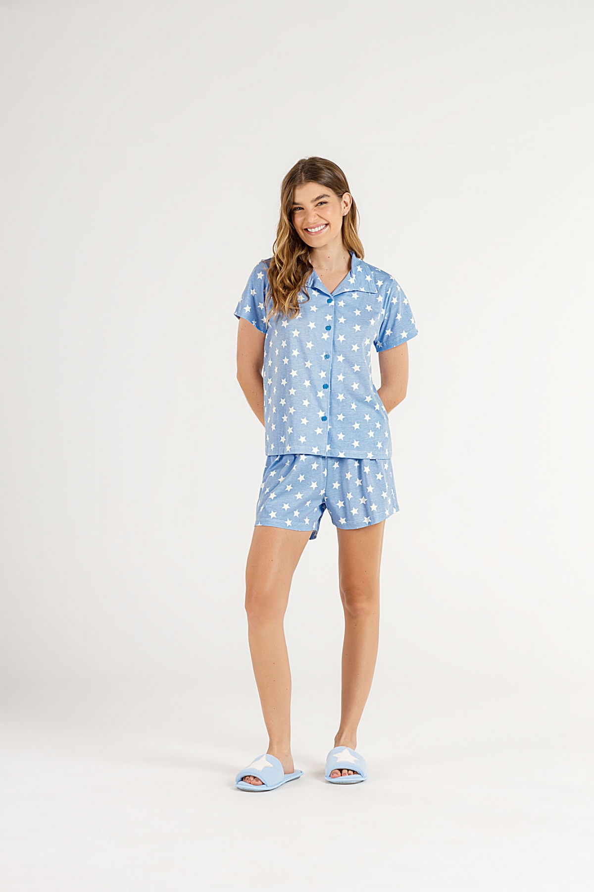PIJAMA FEMINO MANGA CURTA ABERTO COM BOTÕES E SHORTS ESTRELA COR COM AMOR