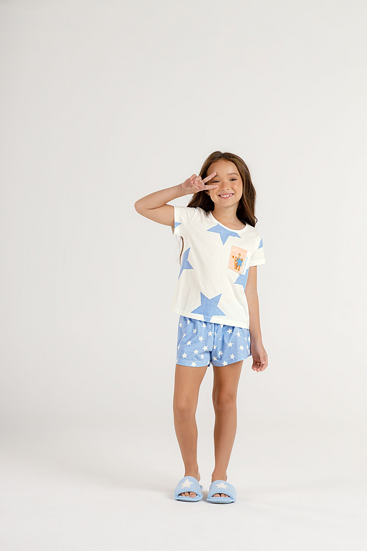 PIJAMA FEMININO JUVENIL MANGA CURTA E SHORTS ESTRELAS COR COM AMOR