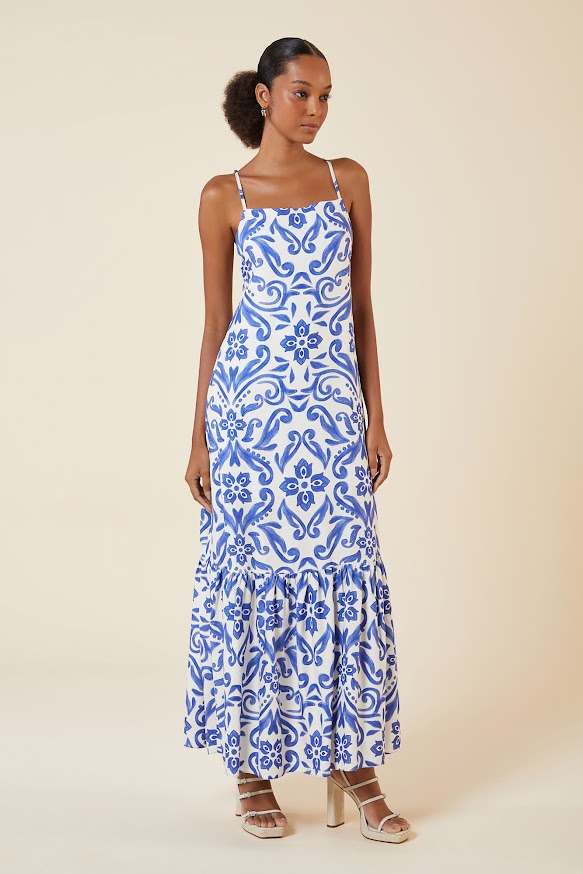 Vestido My Place longo decote reto estampa ibiza