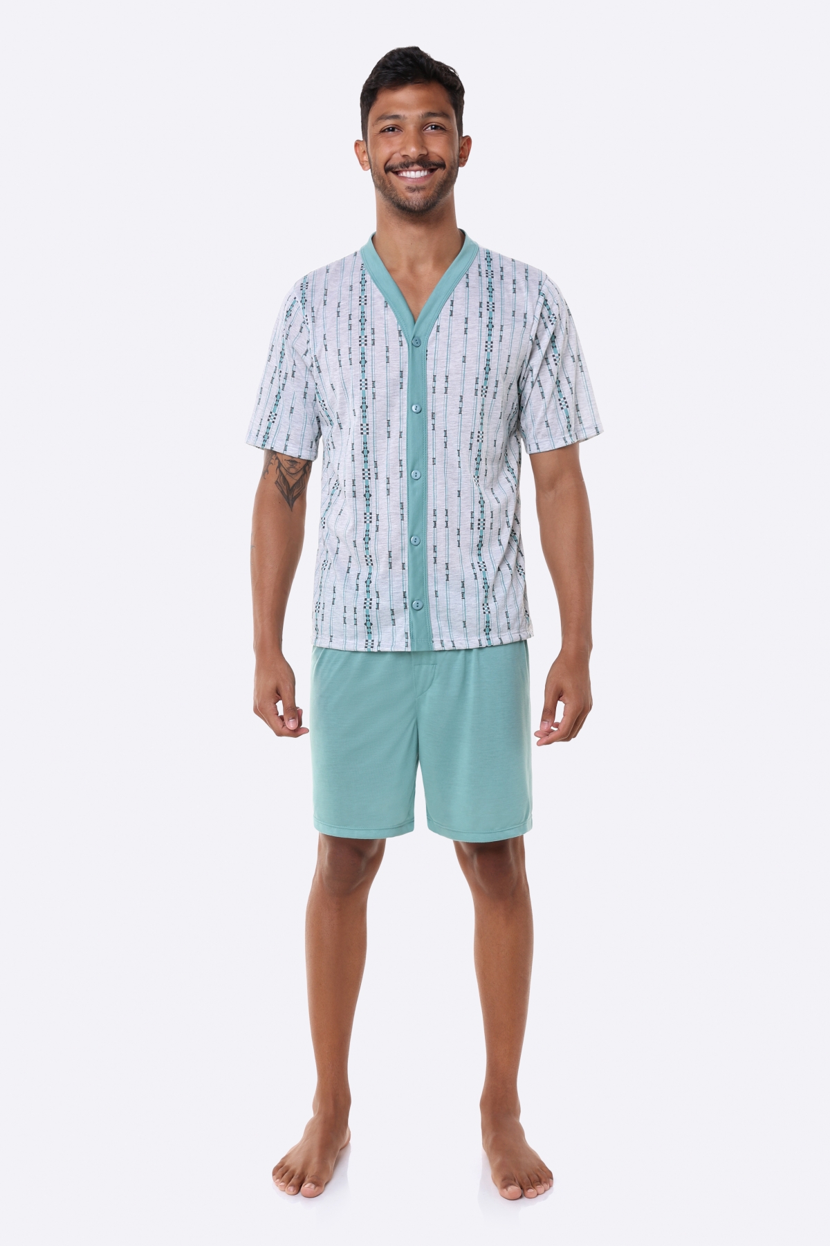 PIJAMA MASCULINO COM BOTÕES E BERMUDA MESCLA PLUS SIZE - BOCEJINHO