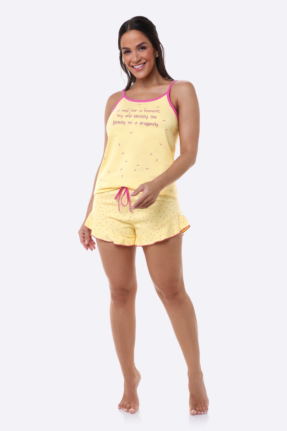 PIJAMA FEMININO ALÇA COM SHORT POÁ AMARELO BOCEJINHO
