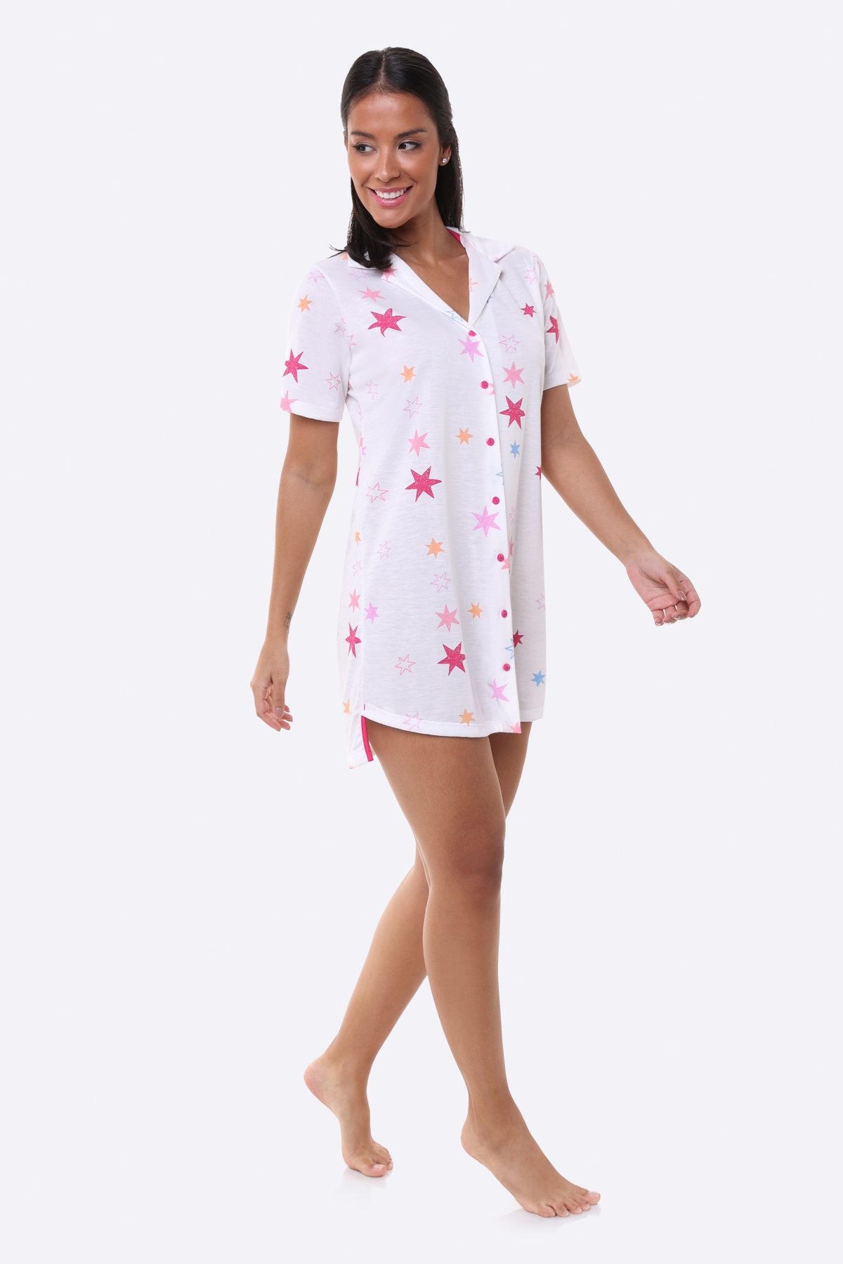 CAMISOLA FEMINA MANGA CURTA ABERTA COM BOTÕES ESTRELAS BOCEJINHO