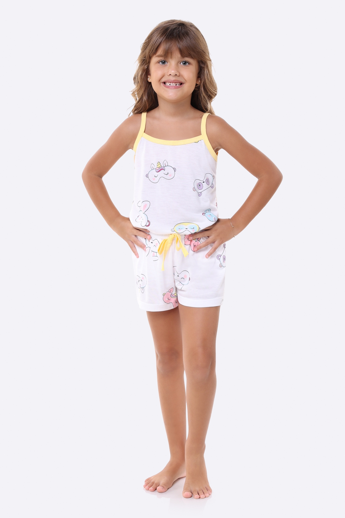 PIJAMA FEMININO JUVENIL ALÇA COM SHORT MÁSCARAS BOCEJINHO