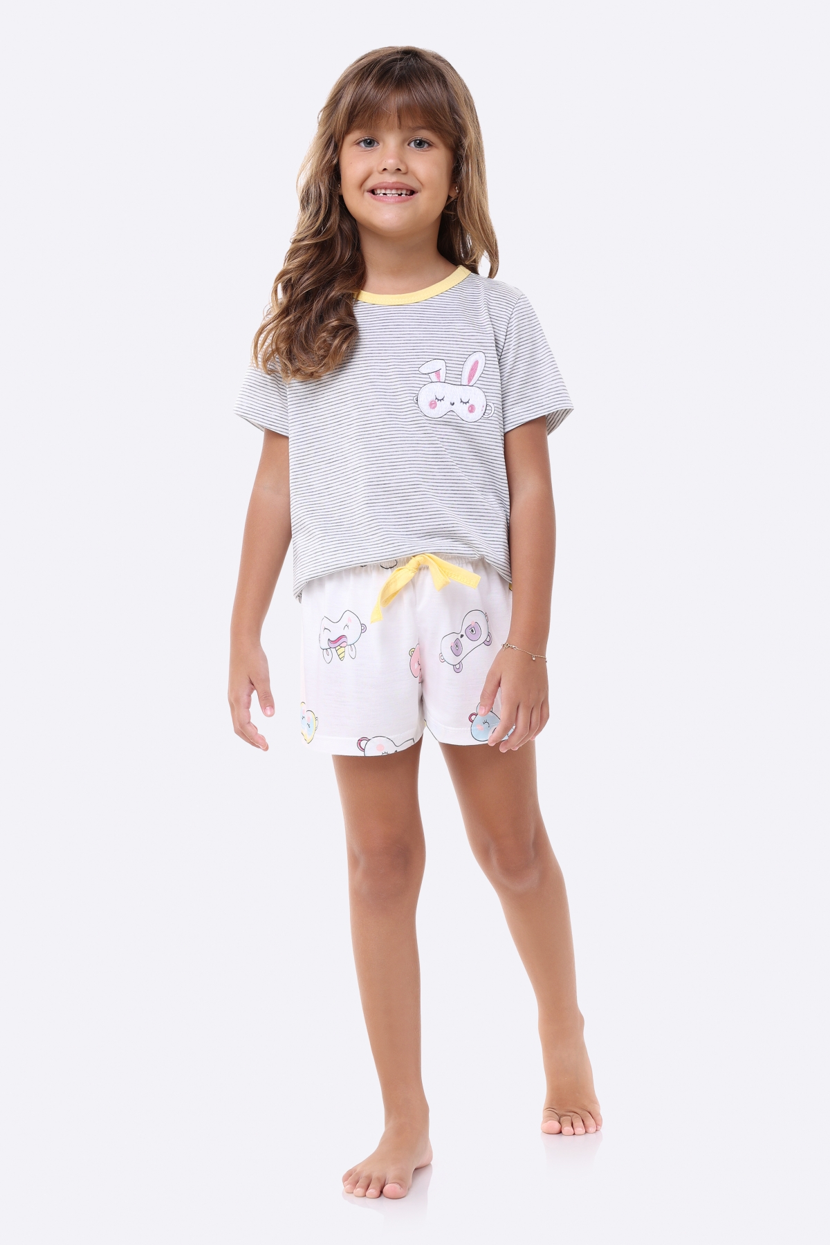 PIJAMA FEMININO JUVENIL MANGA CURTA COM SHORT LISTRAS E MÁSCARAS BOCEJINHO
