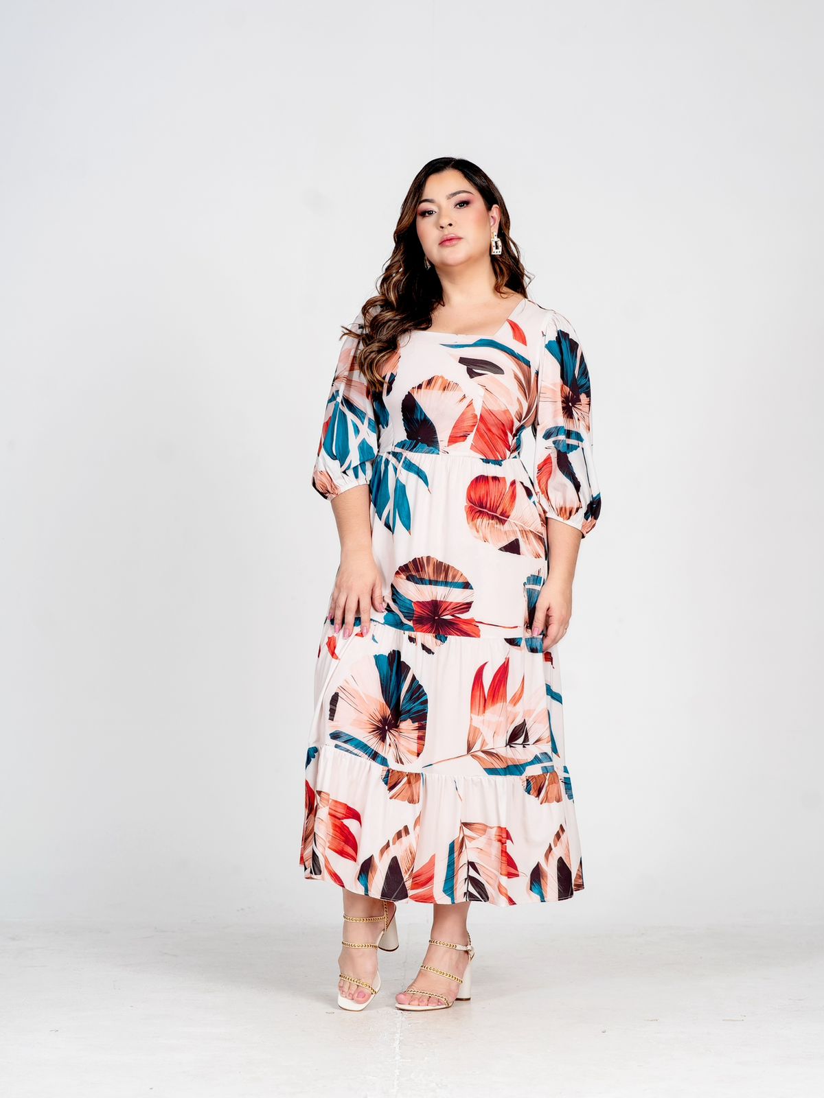 Vestido Seda Midi Folhas 