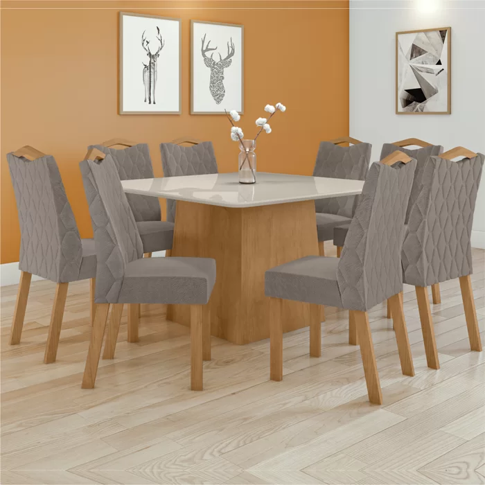 Conjunto Mesa 130cm Nevada Plus Canto Copo com Vidro com 8 Cadeiras Venus - Lopas