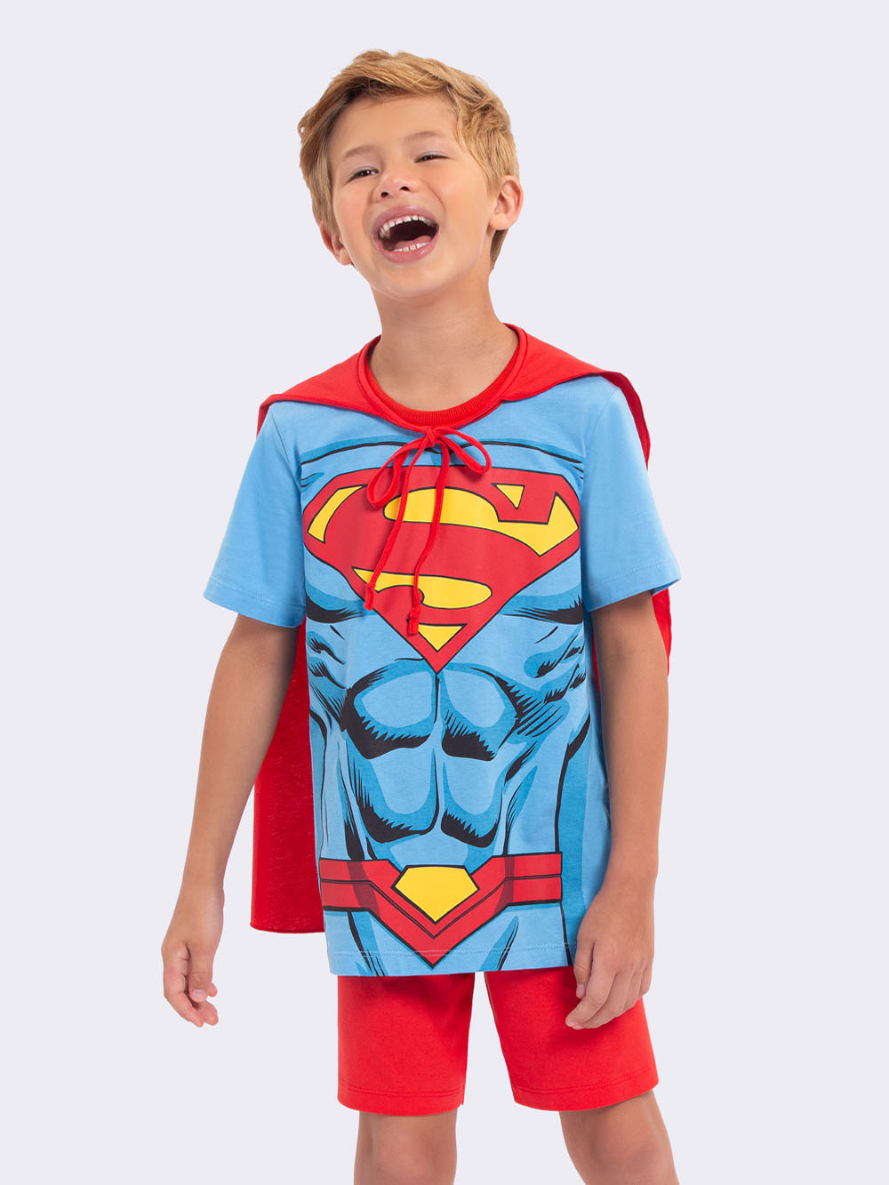 PIJAMA MASCULINO INFANTIL CURTO SUPER HOMEM COM CAPA - VEGGI