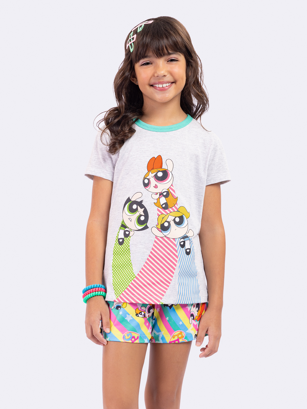 PIJAMA FEMININO JUVENIL MANGA CURTA MENINAS SUPER PODEROSAS CINZA - VEGGI