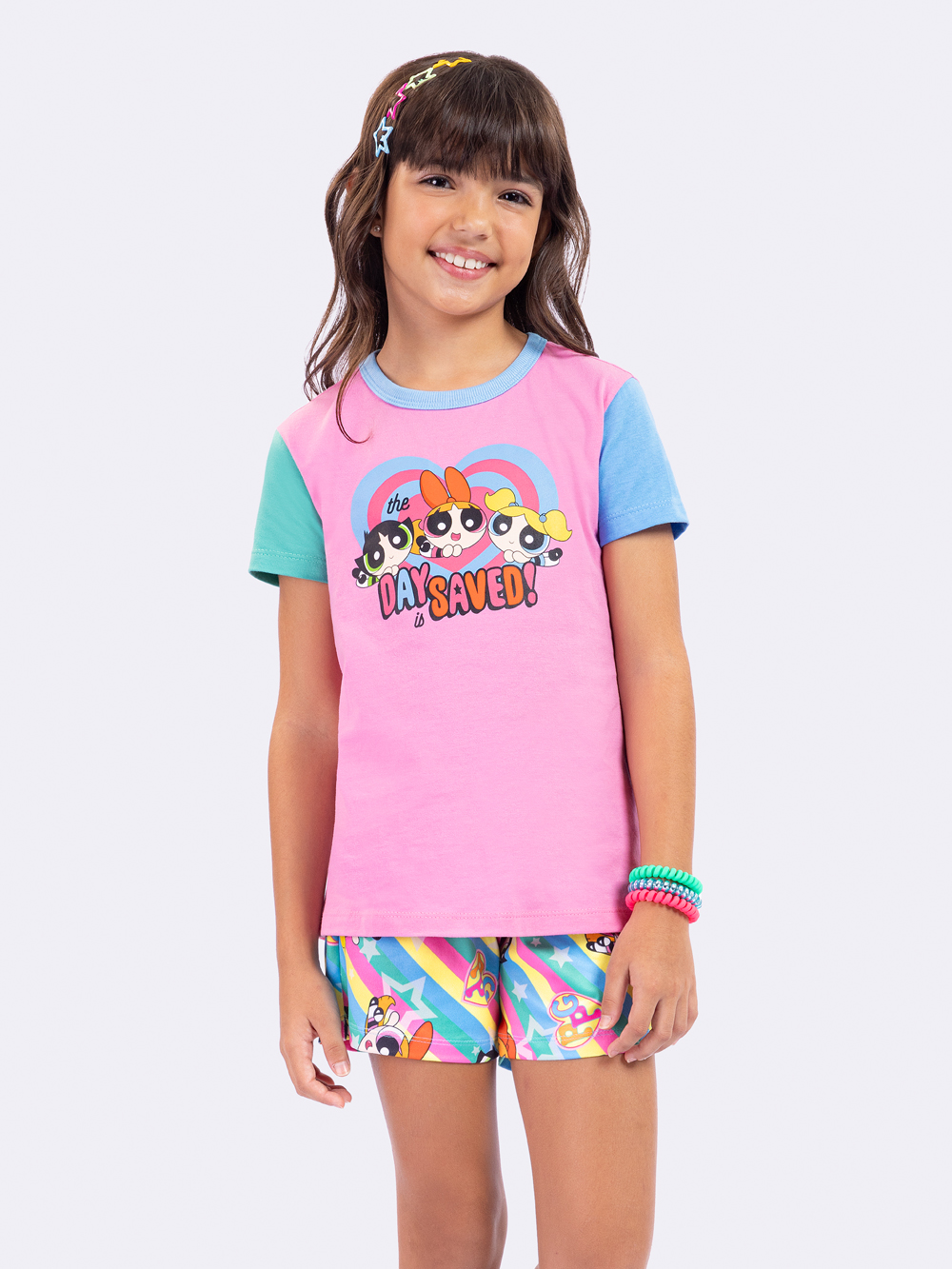 PIJAMA FEMININO INFANTIL MANGA CURTA MENINAS SUPER PODEROSAS ROSA - VEGGI